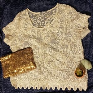 Women's sheer white/gold brocade swirls crop top